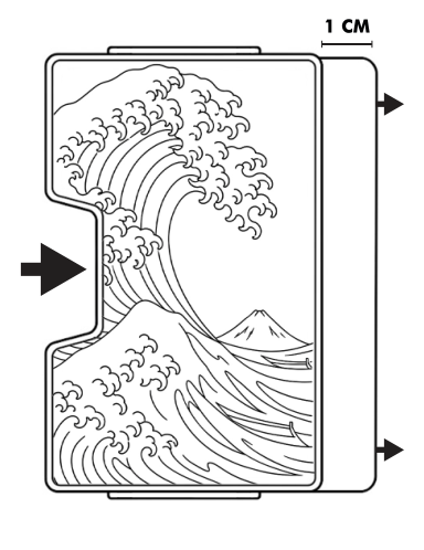 Diagram: push the cards through the notch until they extend by about one centimetre.