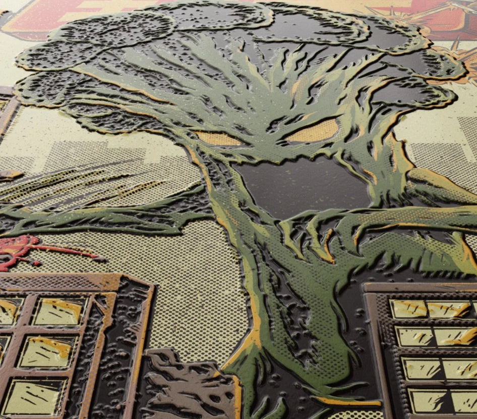 Close-up photograph of the raised print on Broccozilla by Ilustrata.