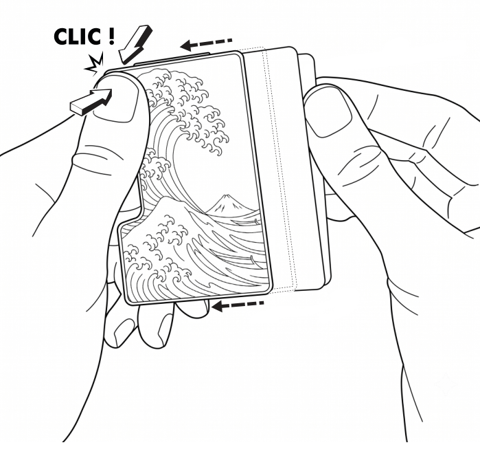 Diagram: pinch and slide the front plate to the left until it clicks.