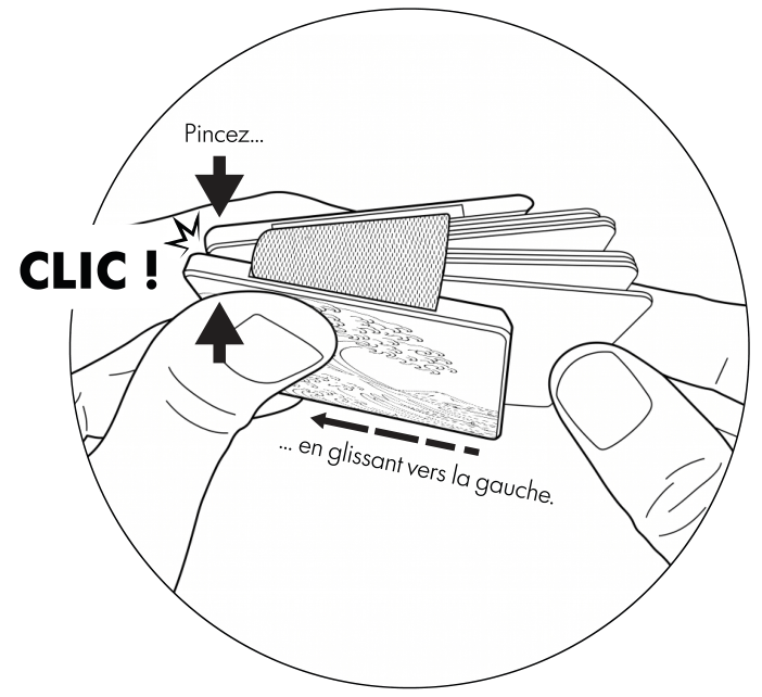 Top view: keep pressing and hold the cards as you slide the front plate.